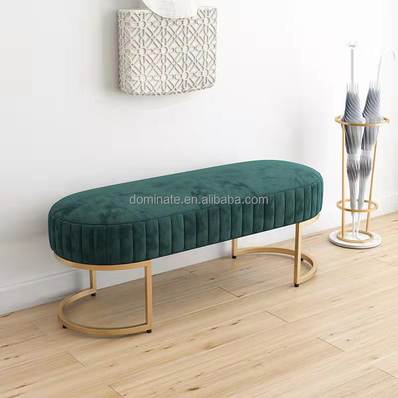 Modern Furniture Velvet Sofa Blue Tufted Button Ottoman Golden Metal Leg Bench End Bed Bench