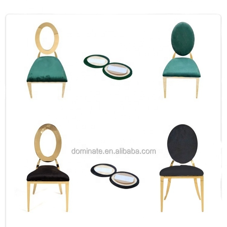 Dominate hot selling gold stackable design pu leather velvet round back stainless steel hotel chair banquet event wedding chairs