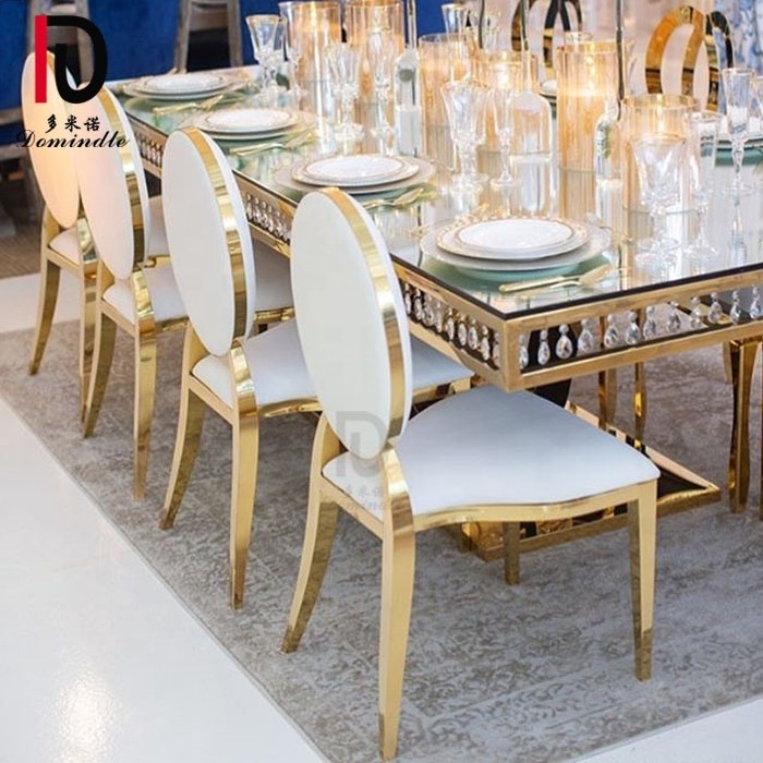 Dominate hot selling gold stackable design pu leather velvet round back stainless steel hotel chair banquet event wedding chairs