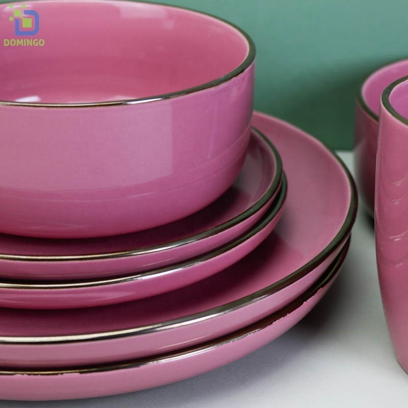 Custom High Quality Handmade 16pcs Tableware Made In China Purple Stoneware Dinnerware Sets