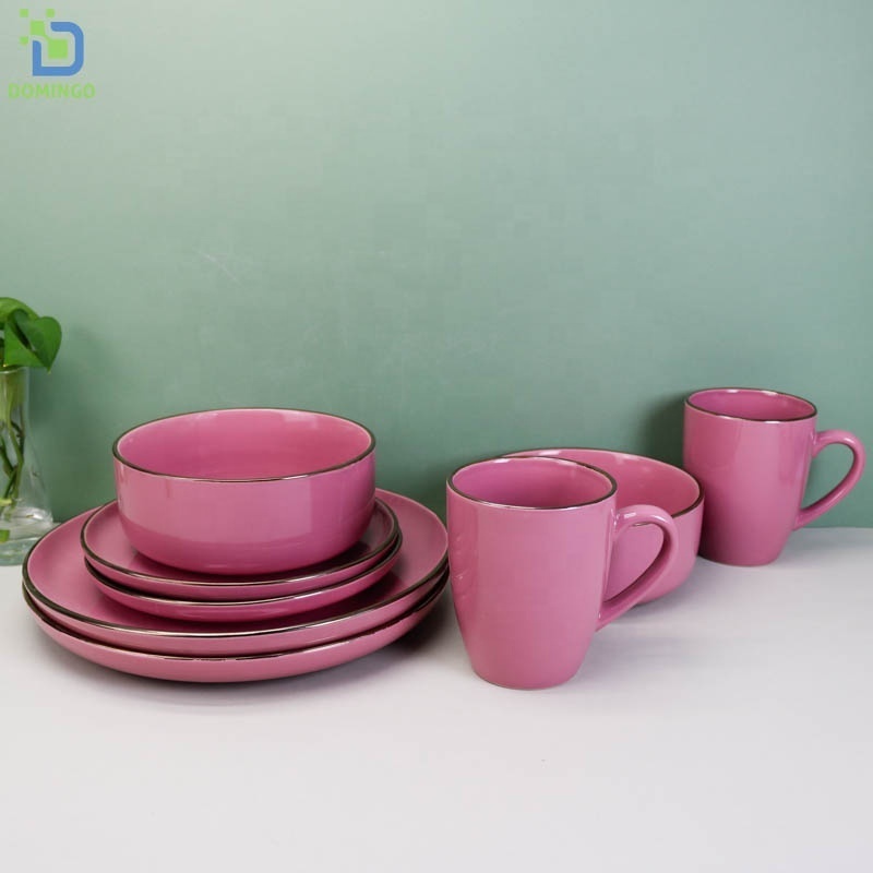 Custom High Quality Handmade 16pcs Tableware Made In China Purple Stoneware Dinnerware Sets