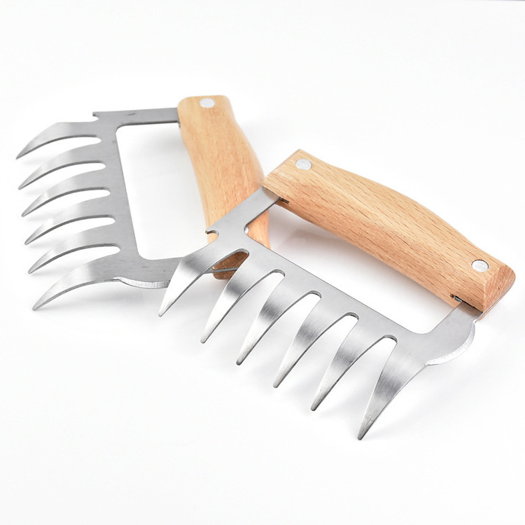 Easy Clean Non-Stick Camping Stainless Steel Metal Bear Claws Bbq Meat Chicken Shredder With Wooden Handle