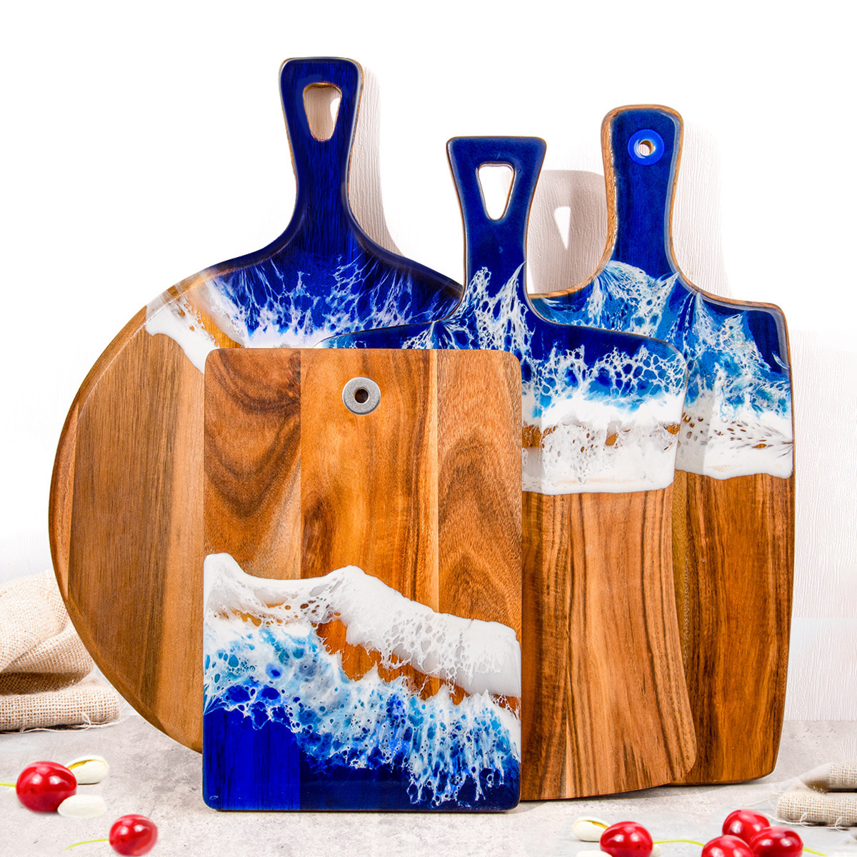 Good Quality Epoxy Resin Cheese Cutting Board Wood Bulk Wooden Ocean Beach Charcuterie Chopping Boards With Handle