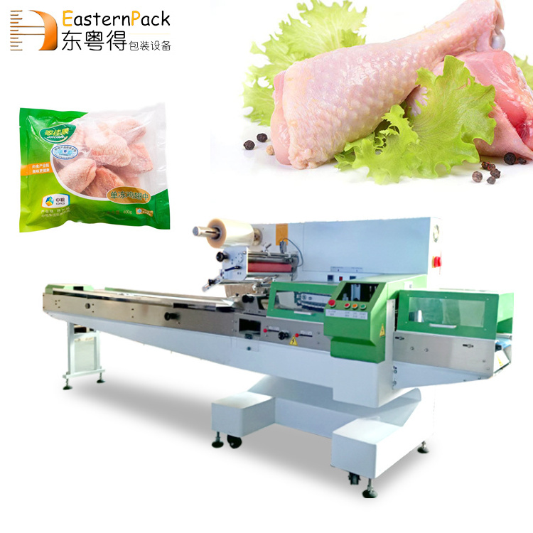 Automatic Plastic Pillow Flow Packaging Fresh Frozen whole Chicken Nuggets beef fish meat chicken Packing Machine