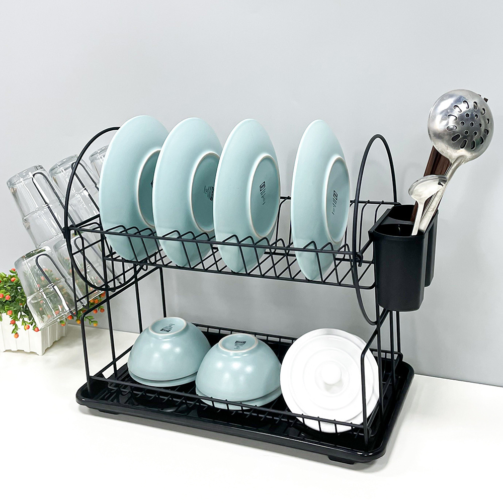 Household Steel 2 Layer Dish Dry Utlery Storage Space Kitchen Stainless Steel Dish Drainer Rack