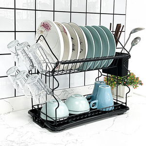 Plate Storage Holder Stainless Steel  Black Color Modern 2 Tiers Drying Tableware Dish Drainer Rack