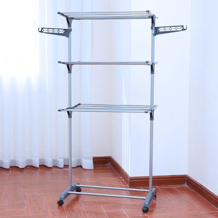 Portable Tripod Garment Rack  Double Rod Rolling Clothes Drying Rack with Three-Layer  for Convenient Clothing Storage