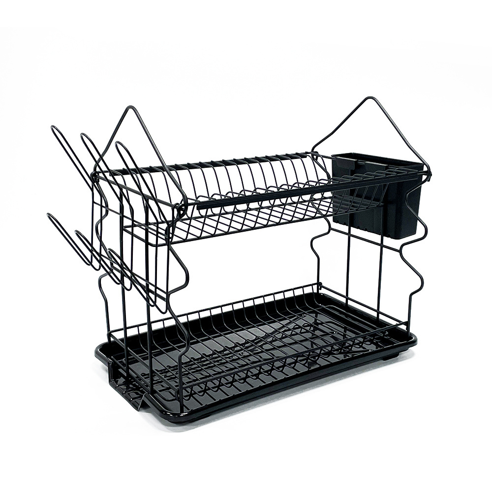 Plate Storage Holder Stainless Steel  Black Color Modern 2 Tiers Drying Tableware Dish Drainer Rack