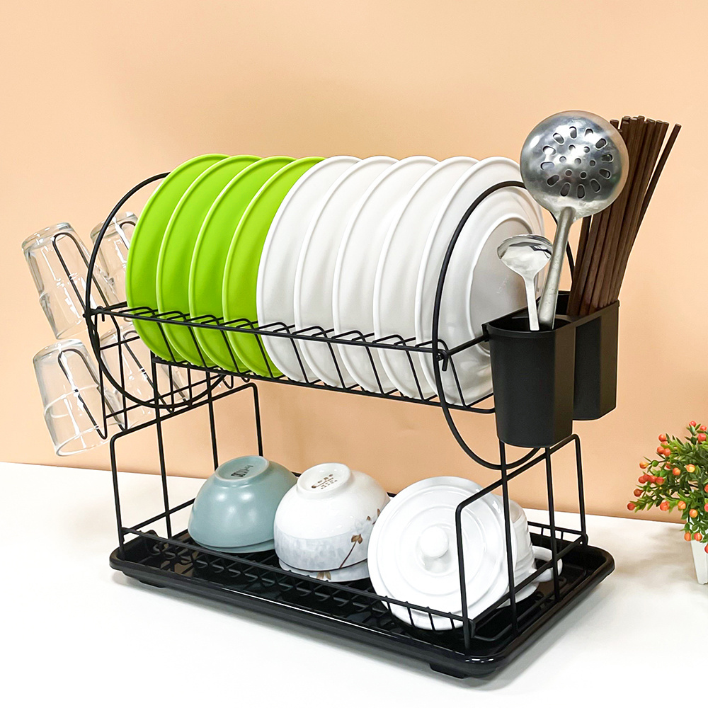 Household Steel 2 Layer Dish Dry Utlery Storage Space Kitchen Stainless Steel Dish Drainer Rack