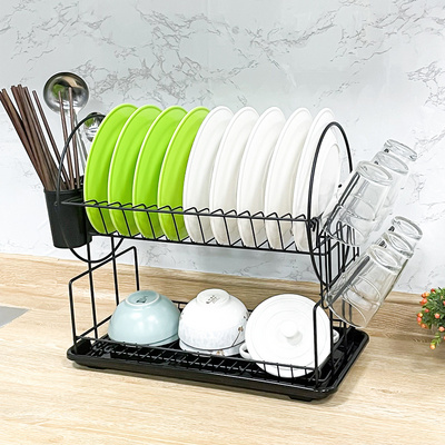 Household Steel 2 Layer Dish Dry Utlery Storage Space Kitchen Stainless Steel Dish Drainer Rack