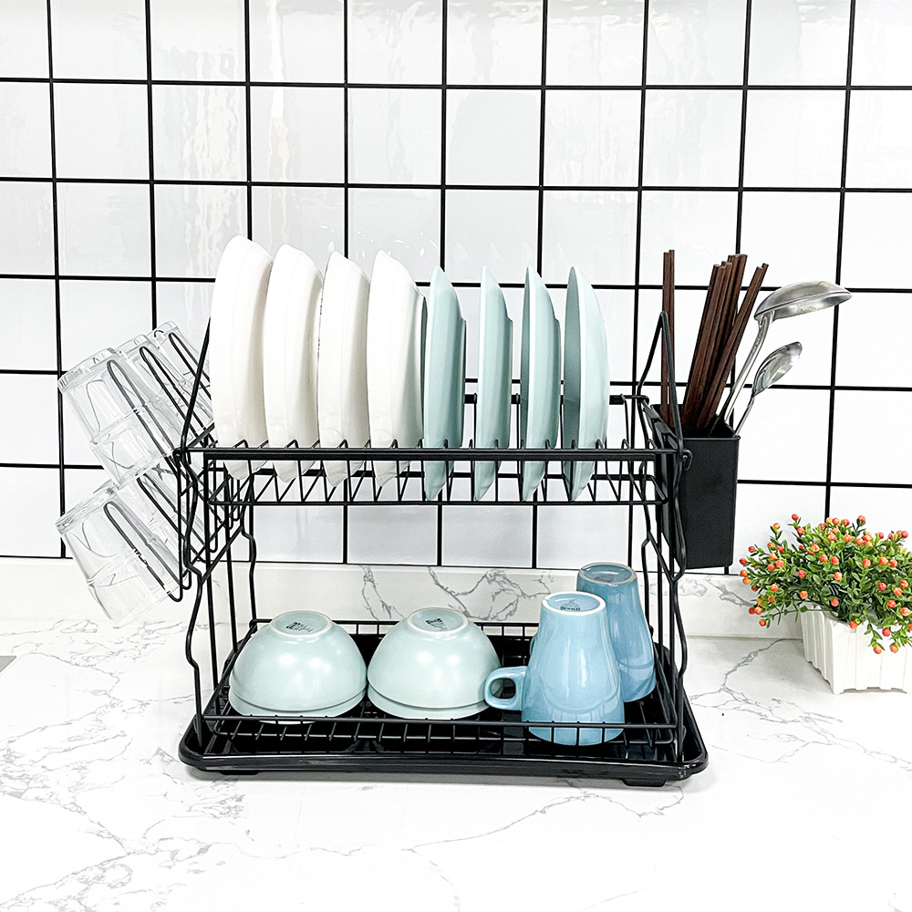 Plate Storage Holder Stainless Steel  Black Color Modern 2 Tiers Drying Tableware Dish Drainer Rack