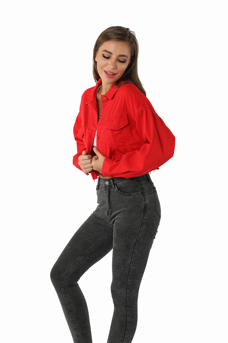 Wholesales Women's Cropped Denim Jacket Red Slim Fitting Outwear Fashionable Casual Denim Jacket