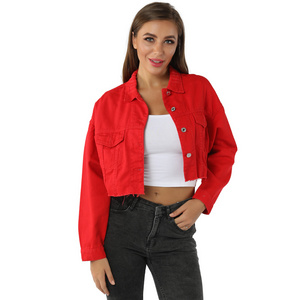 Wholesales Women's Cropped Denim Jacket Red Slim Fitting Outwear Fashionable Casual Denim Jacket