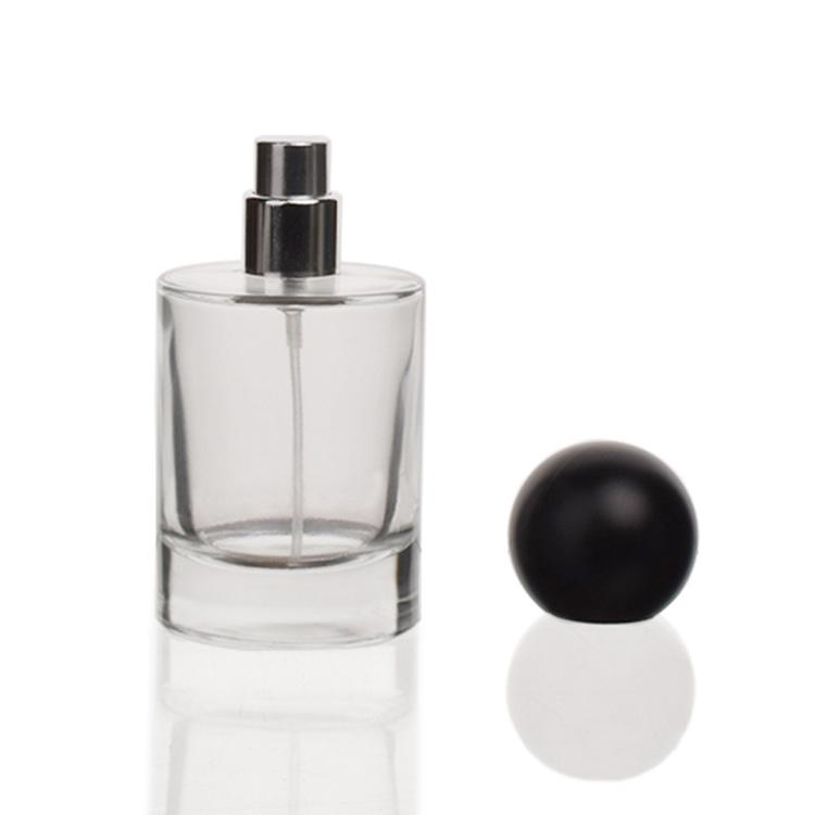 Eco-friendly 50ml cylindrical luxury glass body perfume spray bottle glass bottle perfume bottle with high quality black cap