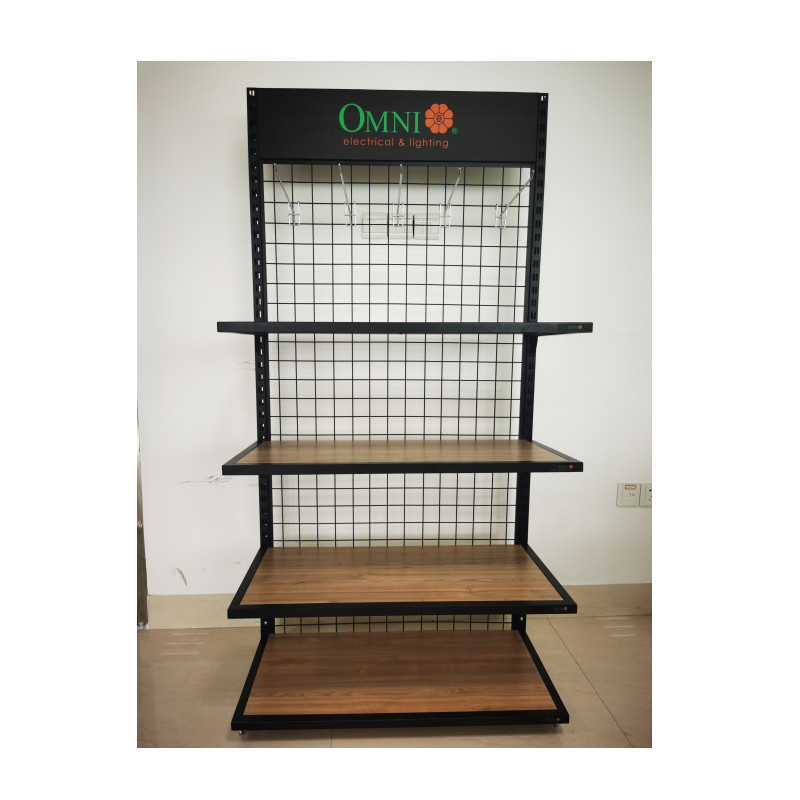 Supermarket shop display customized grid panel wire mesh shelf with chrome hooks