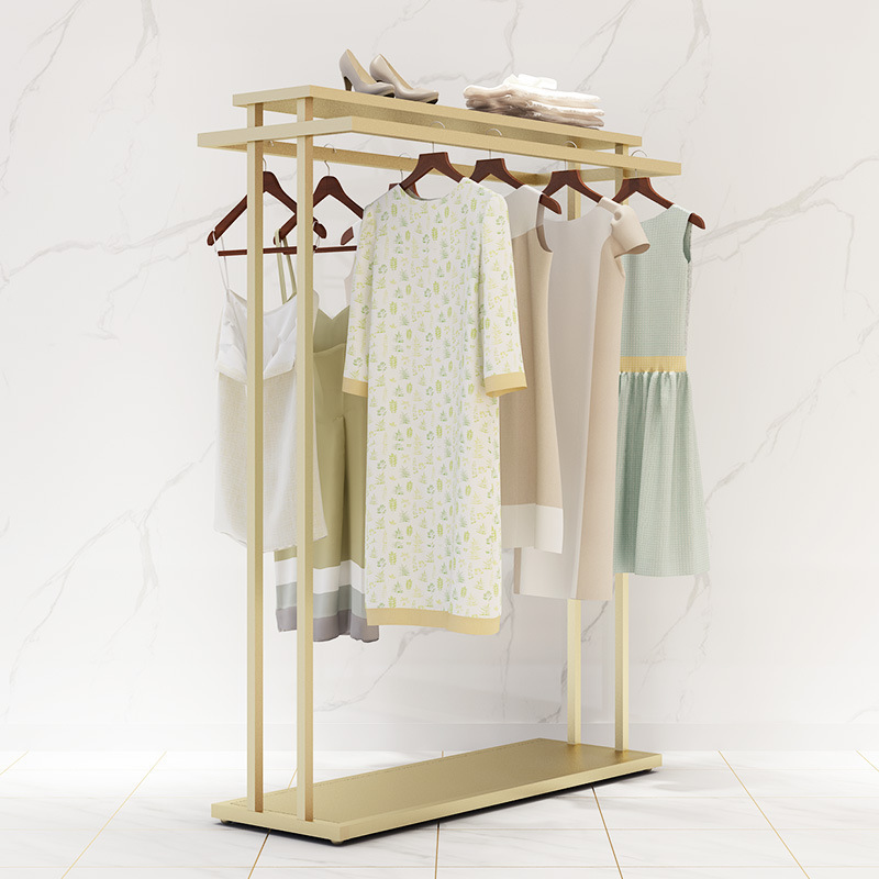 Gold Metal Retail Clothing Shop Shelving Fashion Stainless Steel Double Rail Garment Display Rack for Clothes Showrooms