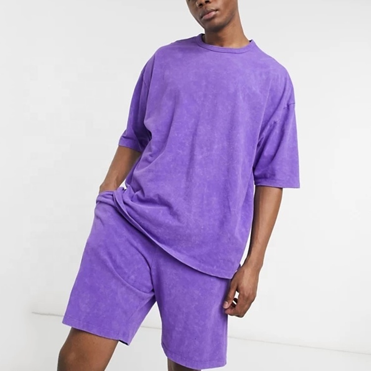 Washed Purple Crewneck T-shirt Drop Shoulders Matching Pants Tracksuit Sweatsuit Shirt Wash Shorts Pants 2 Pcs Tracksuit