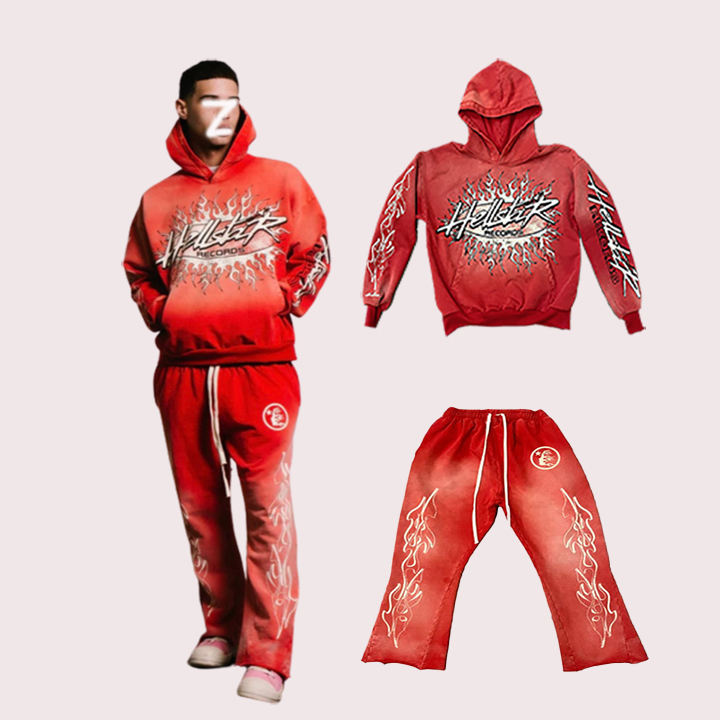 Sweat Jogger stacked Pants track suit Set Tracksuit Sweatsuit custom Puff Print Crop Top Hoodie And Flare Sweatpants set for men