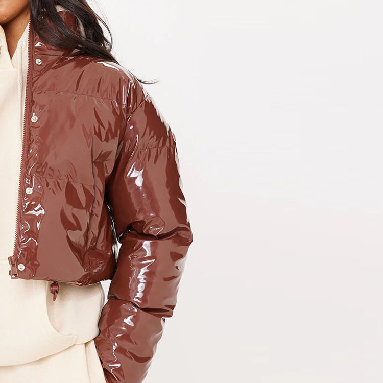 Custom Winter Chocolate color Bright Shinny Duck Down Coat Women Vinyl Cropped Bubble puffer Jacket