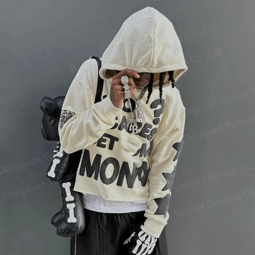 Streetwear manufacturer screen print and puff Rhinestone sweatshirt 450 400 gsm custom pullover 3d foam cropped hoodie men