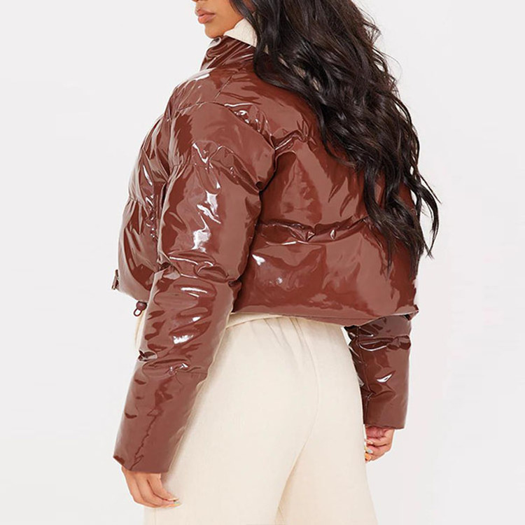 Custom Winter Chocolate color Bright Shinny Duck Down Coat Women Vinyl Cropped Bubble puffer Jacket