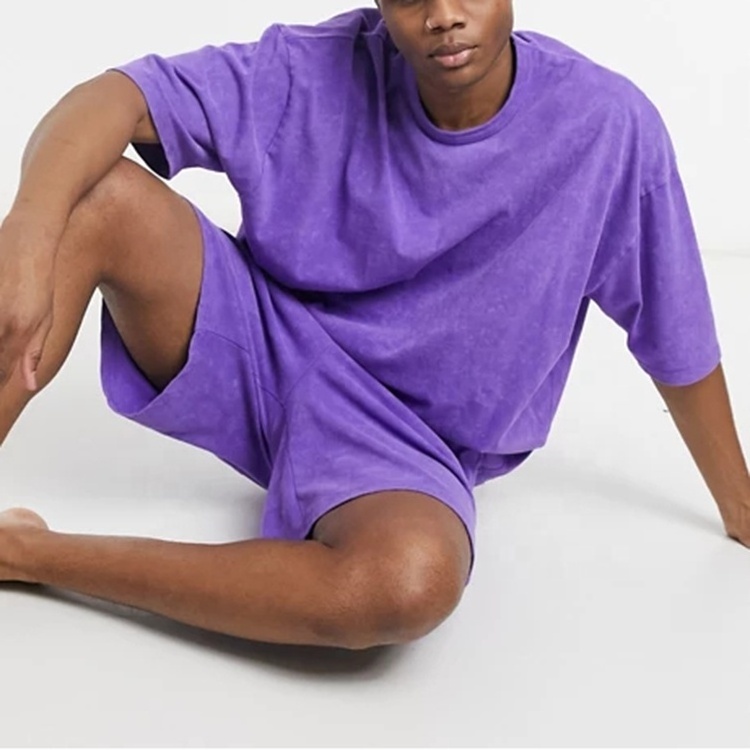 Washed Purple Crewneck T-shirt Drop Shoulders Matching Pants Tracksuit Sweatsuit Shirt Wash Shorts Pants 2 Pcs Tracksuit