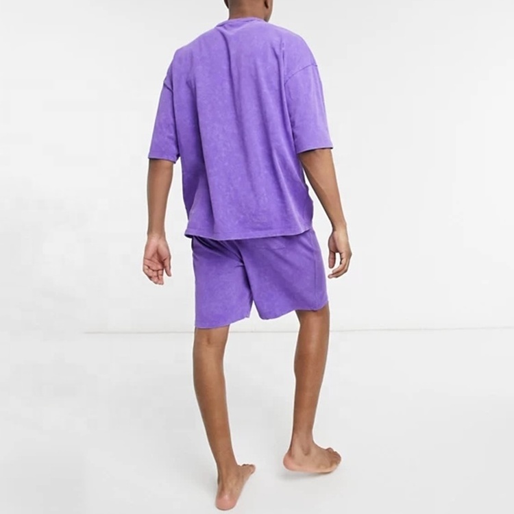 Washed Purple Crewneck T-shirt Drop Shoulders Matching Pants Tracksuit Sweatsuit Shirt Wash Shorts Pants 2 Pcs Tracksuit