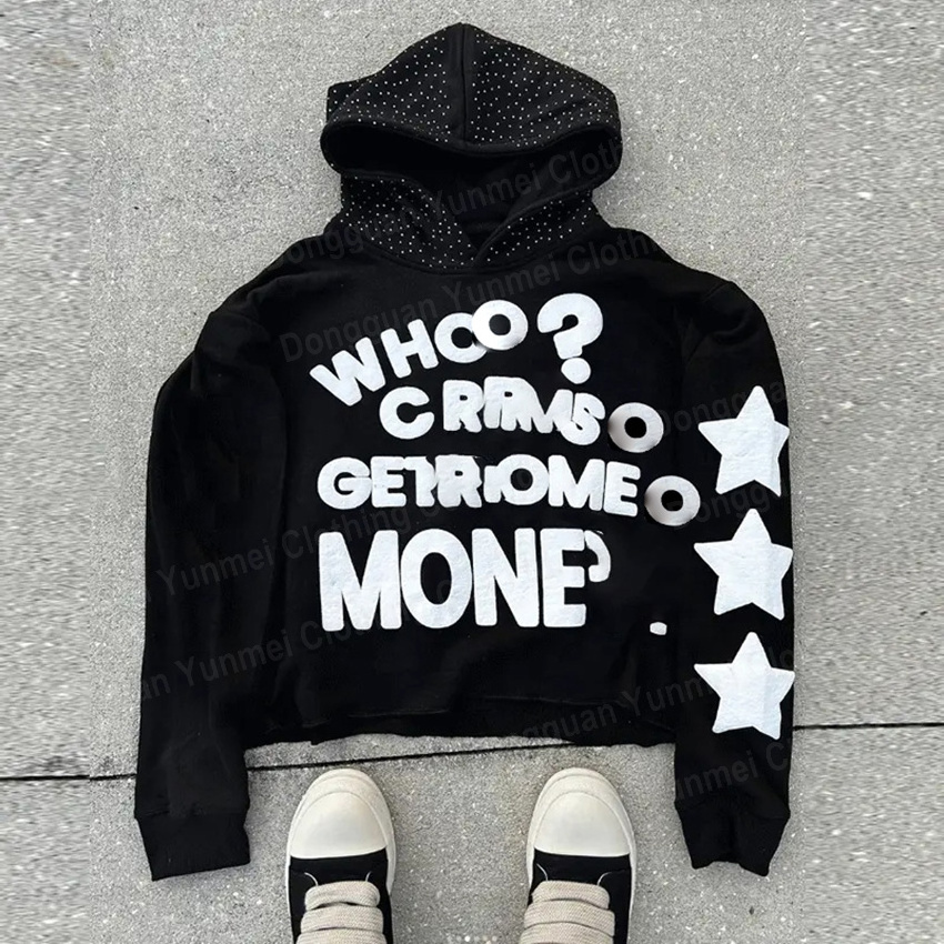 Streetwear manufacturer screen print and puff Rhinestone sweatshirt 450 400 gsm custom pullover 3d foam cropped hoodie men