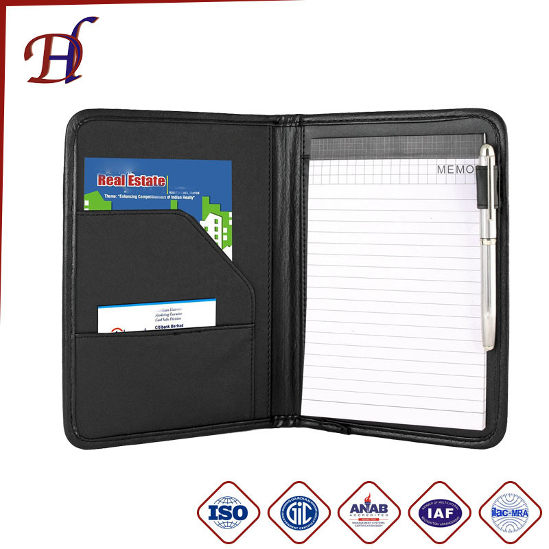 Factory wholesale Black PU Leather Note Pad Conference Folder and A4 zipper Portfolio