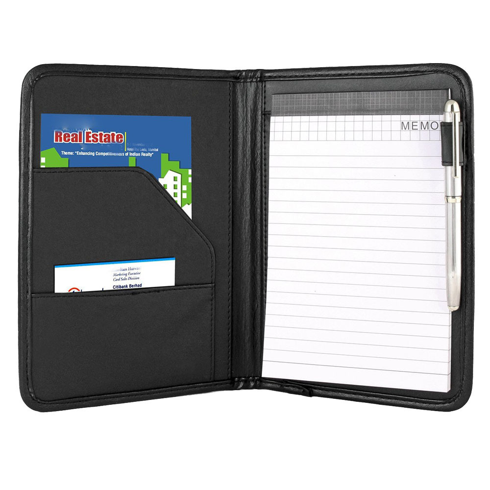 Factory wholesale Black PU Leather Note Pad Conference Folder and A4 zipper Portfolio