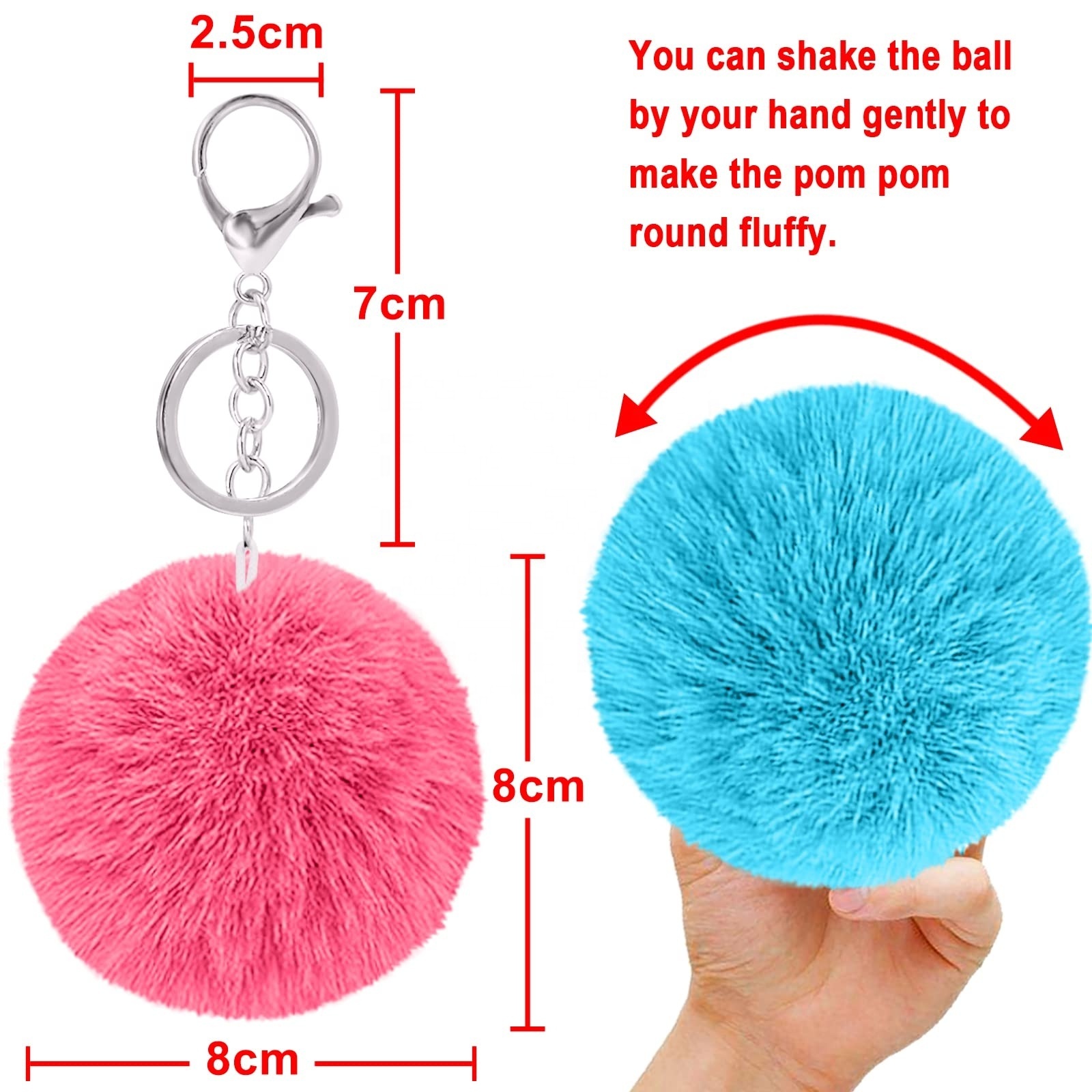 8cm Pom Pom Keychain Rabbit Faux Fur Ball Fluffy Keychain Pom Puff Ball with Keychain Hooks