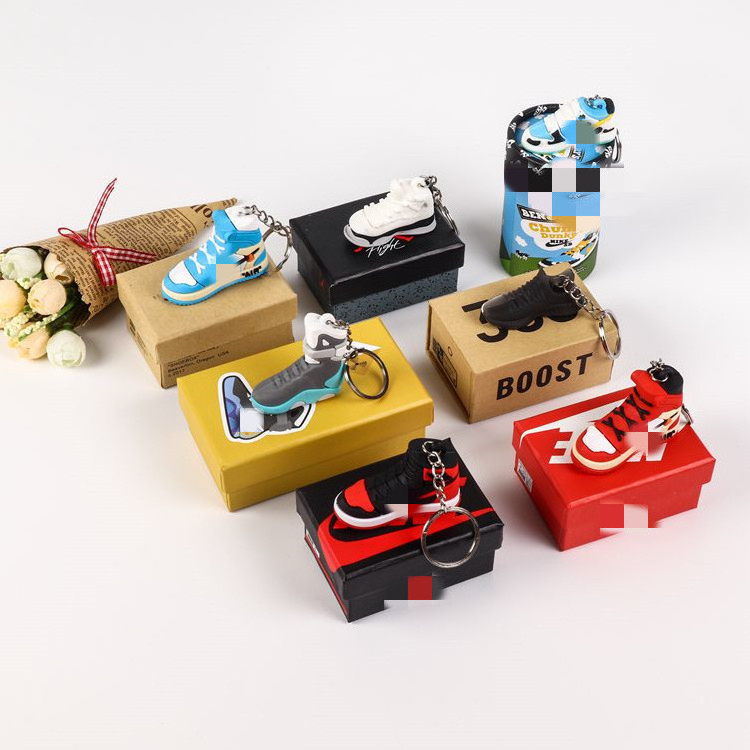 Rubber Silicone 3D Mini Dunk J Ordan Trainers Basketball Shoe Keychain 3D Mini Sneaker With Box With Mini Box