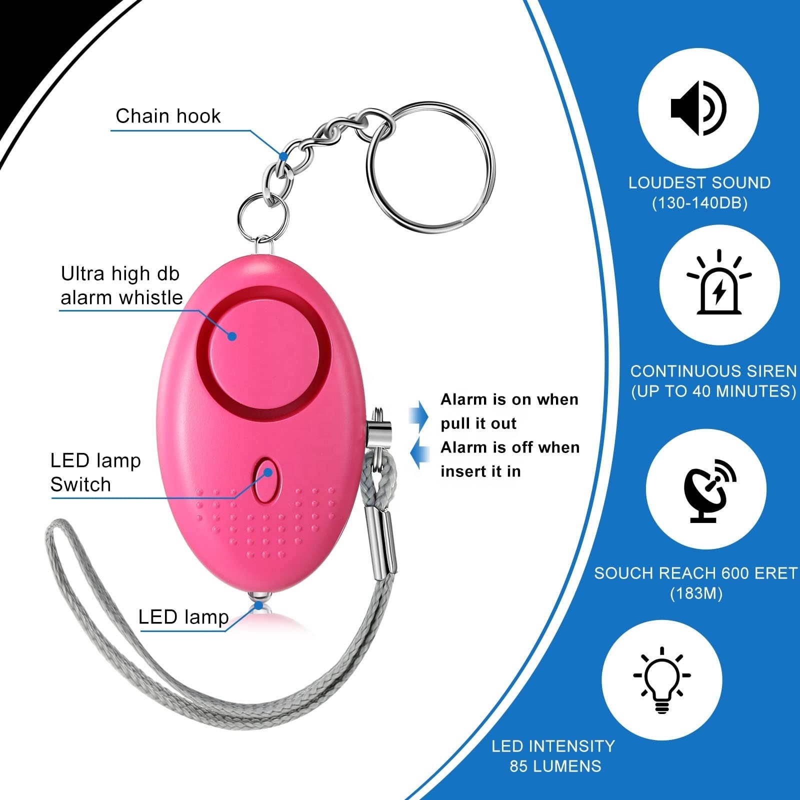 130DB LED Flashlight Mini Panic Emergency Sound Personal Alert Alarm Keychain with LED Lights for Women Men Kids