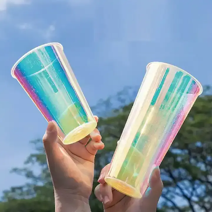 Glossy Rainbow Boba Milk Tea Cup Custom Logo PP Plastic Frosted Disposable 500ml 700ml Juice Smoothie Cups with Custom Lids