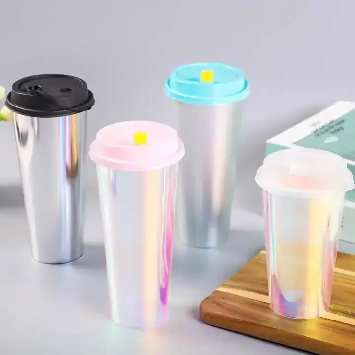 Glossy Rainbow Boba Milk Tea Cup Custom Logo PP Plastic Frosted Disposable 500ml 700ml Juice Smoothie Cups with Custom Lids