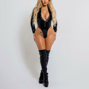 Hot Selling Ladies Black Elegant Bodysuit Custom Sexy Black Leather Long Sleeve Zipper Up Tights Nightclub Women's Jumpsuit