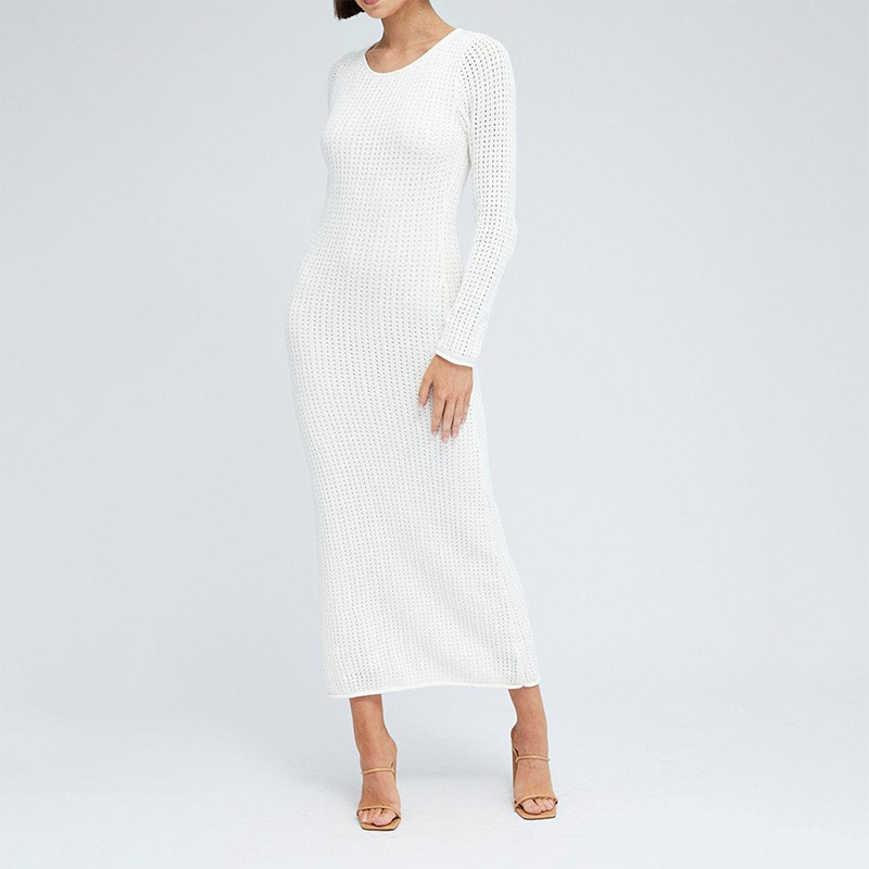 Custom Design Elegant White Crochet Maxi Knit Dress V-Neck Pure Color Long Sleeve Women'S Long Casual Sweater Dress