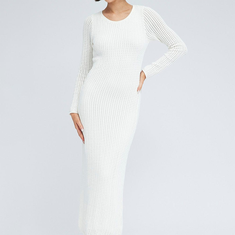 Custom Design Elegant White Crochet Maxi Knit Dress V-Neck Pure Color Long Sleeve Women'S Long Casual Sweater Dress