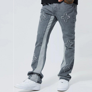 Fashion Private Label OEM Custom Logo Flare Jeans Grey Patchwork Slim 100% Cotton Denim Pants