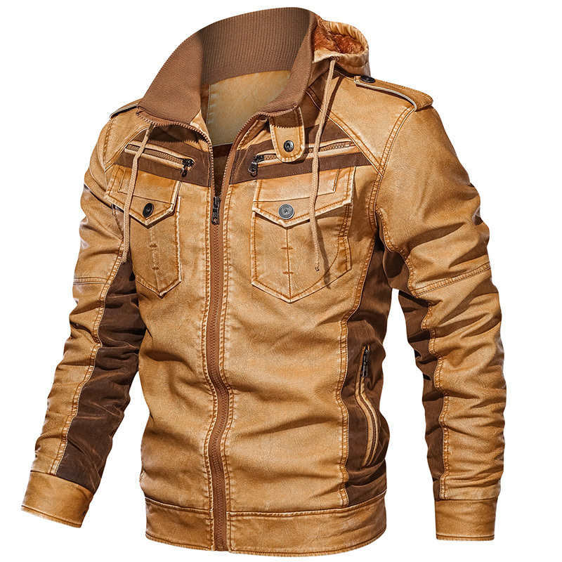 New Arrival PU Fabric Motorcycle Coat With Pocket Men's Leather  Plain Dye Windproof Jacket