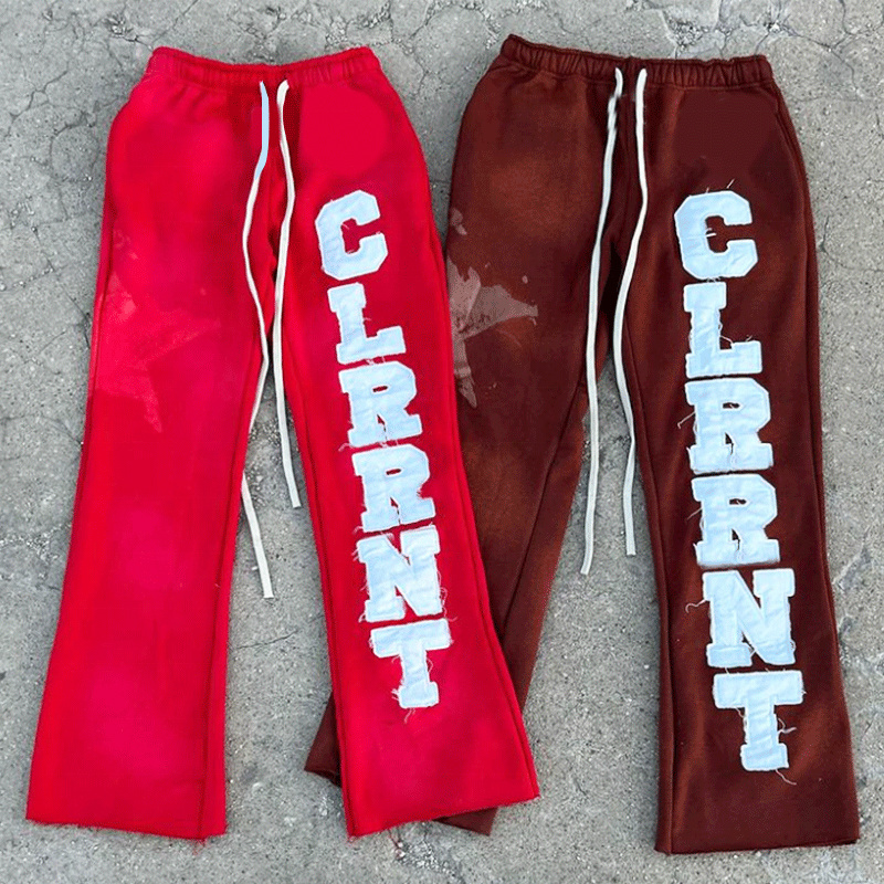 Clothing Manufacturers Custom Applique Graphic Embroidered Patches Stacked Flare Sweatpants Acid Wash Mens Jogger Flared Pants