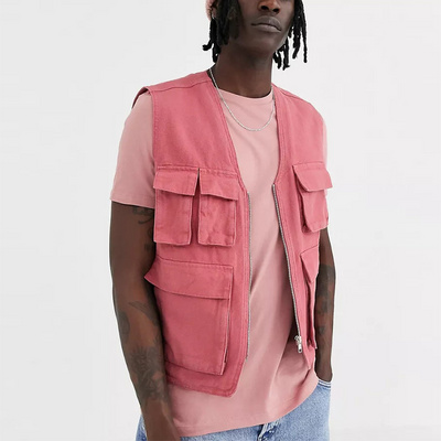 High Quality Custom Print Logo Pink Blank Men Work 3D Multi Pocket Cargo Zip Up Vest Denim Utility Plus Size Men s Vest BestSuppliers