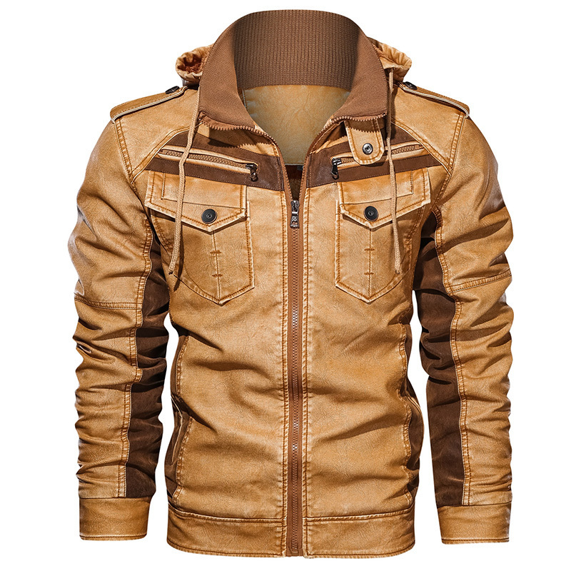 New Arrival PU Fabric Motorcycle Coat With Pocket Men's Leather  Plain Dye Windproof Jacket