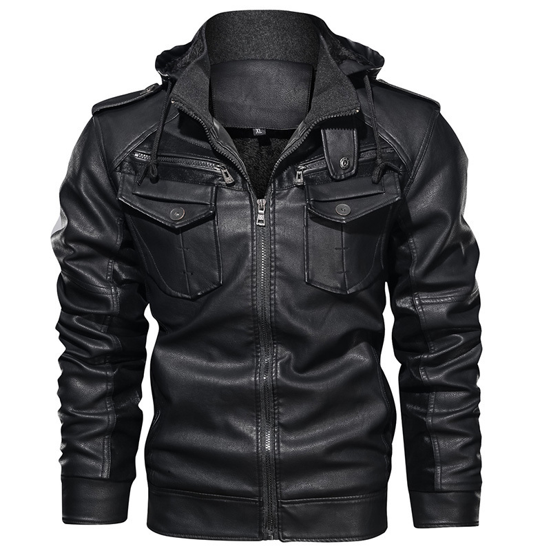 New Arrival PU Fabric Motorcycle Coat With Pocket Men's Leather  Plain Dye Windproof Jacket