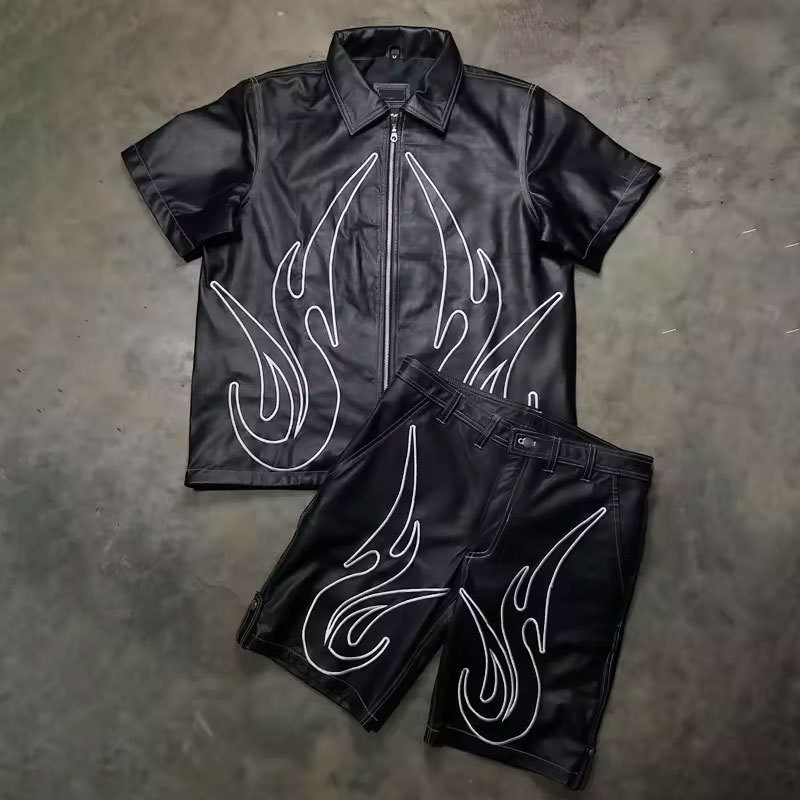 Oem Zip up Shirt Shorts Tracksuit Custom Streetwear Embroidery Logo Men Leather Two Pieces Short Sleeves And Shorts