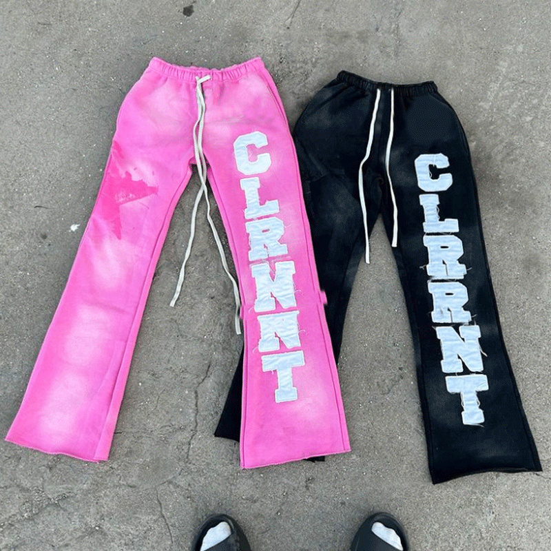 Clothing Manufacturers Custom Applique Graphic Embroidered Patches Stacked Flare Sweatpants Acid Wash Mens Jogger Flared Pants