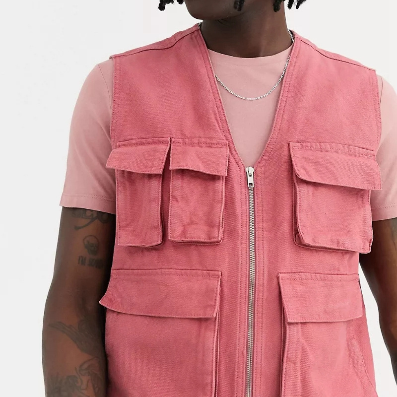 High Quality Custom Print Logo Pink Blank Men Work 3D Multi Pocket Cargo Zip Up Vest Denim Utility Plus Size Men's Vest