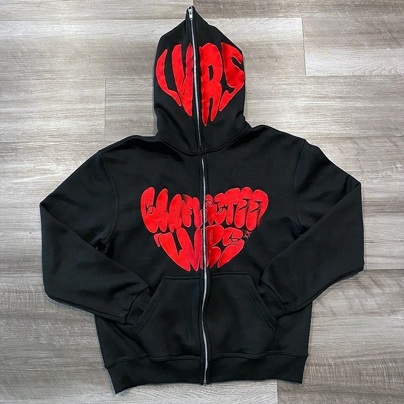 Custom Heavy Cotton Chenille Embroidery Full Face Zip Up Double Layer Hoodie Heavyweight Screen Puff Print Satin Lined Hoodie