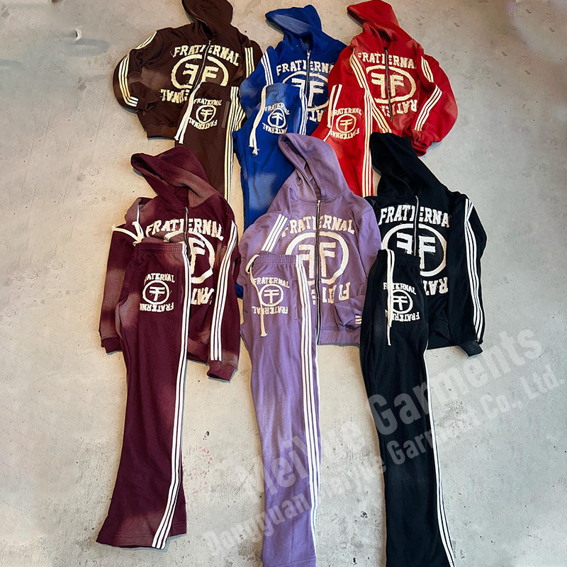 Custom Applique Hoodie Jogging Suits Flared Sweat Pant Joggers Zip Up Embroidery Distressed Hoodie And Jogger Set Men Tracksuits