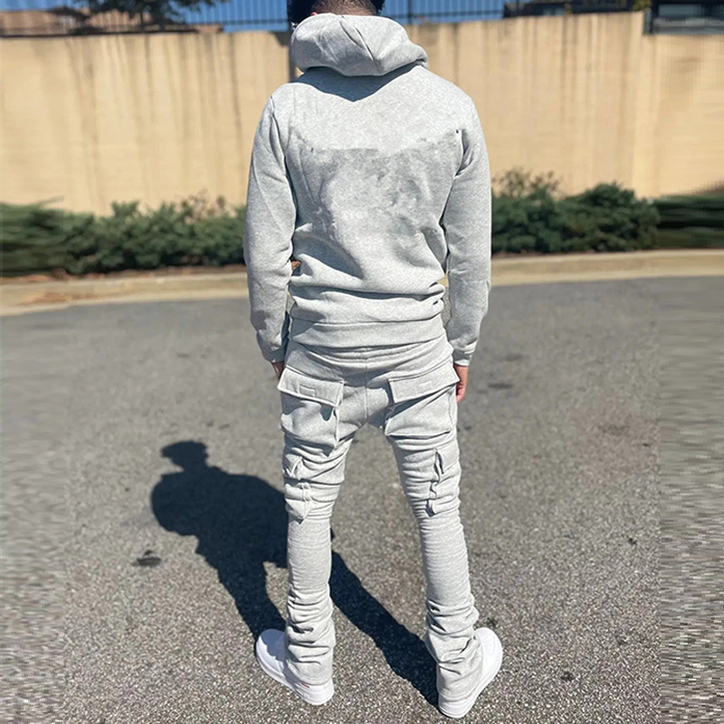 New Design Custom Street Wear Embroidery Stacked Custom Cargo Pants and Hoodie Sets Flare Joggers Tracksuits track suit for men